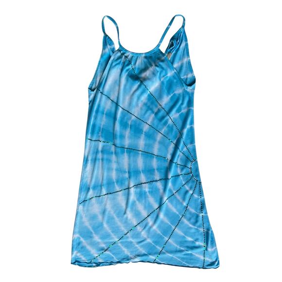 Tie Dye Summer Dress Womens S Teal White Sequins Tie Back Boho Colorful Festival - Picture 9 of 14